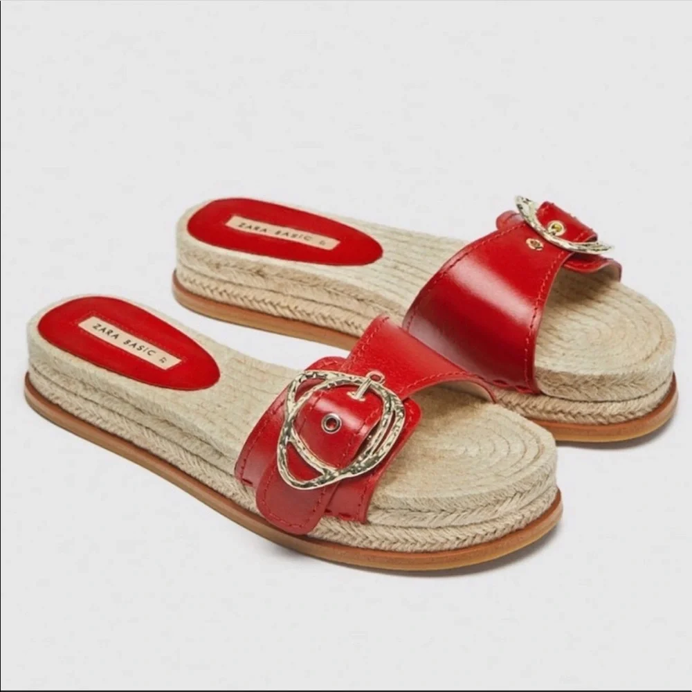 Zara Red Genuine Leather Buckle Espadrille Sandal 38 - Picture 2 of 4